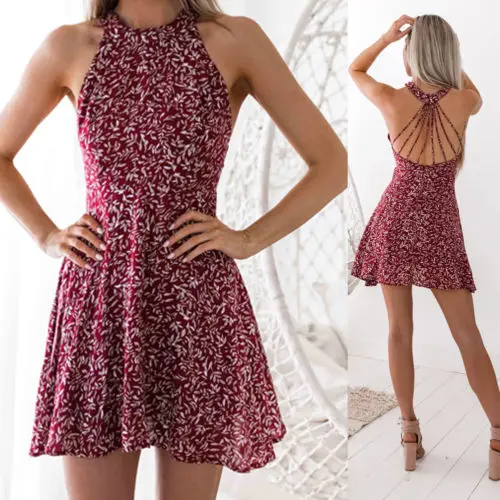 Hot Sexy Dress Womens Sexy Backless Sleeveless Hang Neck Floral Printed Mini Dress Summer Slim Lace Up Pleated Dress Sundress
Hot Sexy Dress Womens Sexy Backless Sleeveless Hang Neck Floral Printed Mini Dress Summer Slim Lace Up Pleated Dress Sundress