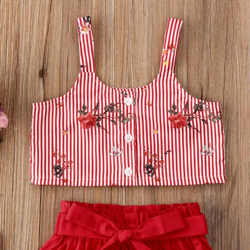 2020 New Fashion Summer New Baby Kid Girl Sleeveless Flower Vest Striped Tops+Bowknot Red Shorts 2PCS Outfit Clothes Set
2020 New Fashion Summer New Baby Kid Girl Sleeveless Flower Vest Striped Tops+Bowknot Red Shorts 2PCS Outfit Clothes Set