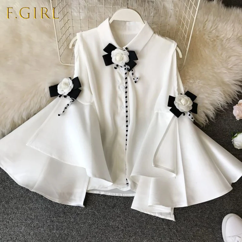 Spring Summer 2020 New Vintage Lapel Strapless Big Flare sleeve Long sleeve Slim Chiffon Shirt 3D Flower Deco Blouse Women
Spring Summer 2020 New Vintage Lapel Strapless Big Flare sleeve Long sleeve Slim Chiffon Shirt 3D Flower Deco Blouse Women