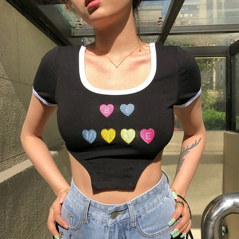 Women T-Shirt Street Sexy Slim Navel Fashion Love Pattern U Collar Letter Embroidery Embroidered Tank Top Casual Fashion 2021
Women T-Shirt Street Sexy Slim Navel Fashion Love Pattern U Collar Letter Embroidery Embroidered Tank Top Casual Fashion 2021