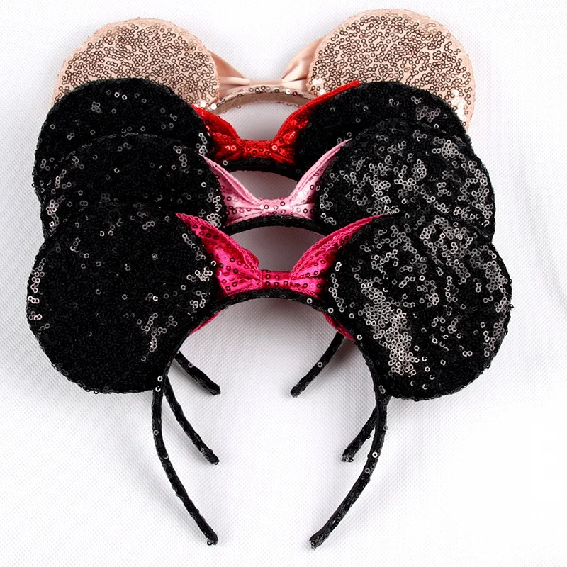 Mickey Ears Girls Cartoon HeadBand Minnie Stereo Sequin Bow Hair Accessories cute Headwear Bows Birthday Party Headband | Аксессуары для