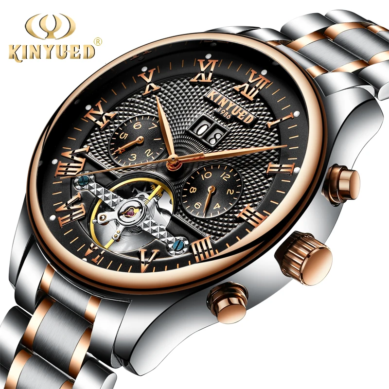 

KINYUED Luxury Brand Watch Men Skeleton Automatic Stempunk Flying Tourbillon Watches Self Winding Mechanical Man Clock Rose Gold