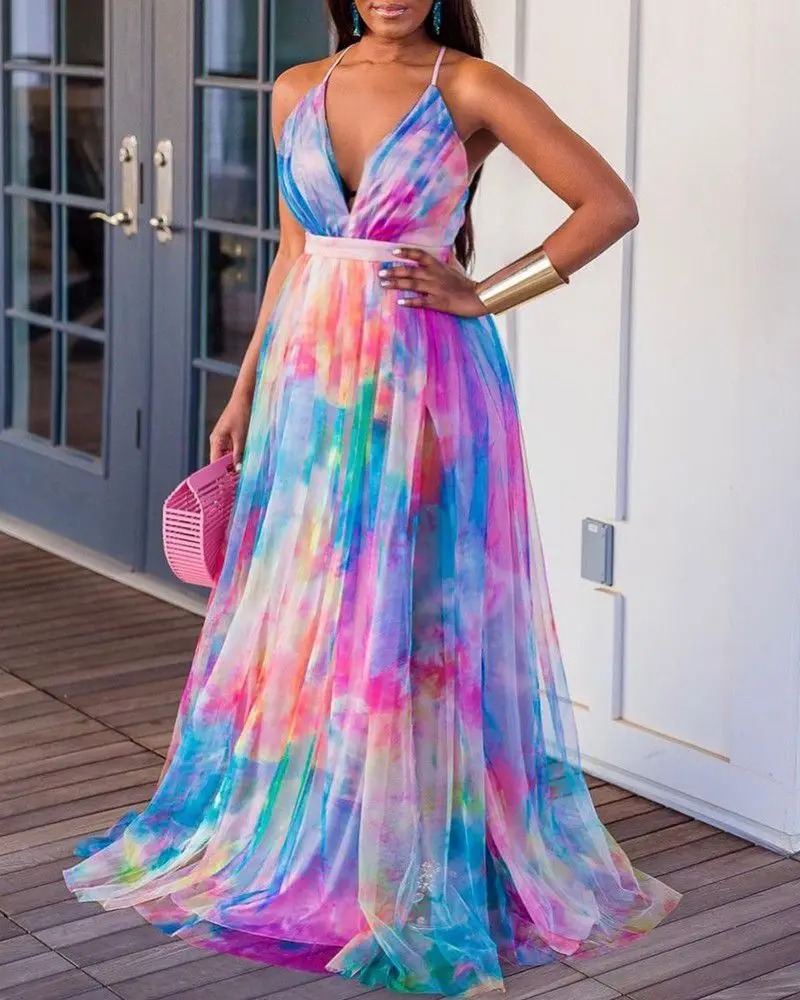 Summer Tie-dye Print Spaghetti Strap Mesh Maxi Dresses for Women Suspender Birthday Party V Neck Backless Boho Beach Dress
Summer Tie-dye Print Spaghetti Strap Mesh Maxi Dresses for Women Suspender Birthday Party V Neck Backless Boho Beach Dress