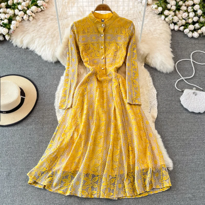 French Style Vintage Court Style Slim Fit Stand Collar Embroidery Lace Dress Women's Fashion High Waist Big Swing Long Dress 
French Style Vintage Court Style Slim Fit Stand Collar Embroidery Lace Dress Women's Fashion High Waist Big Swing Long Dress
