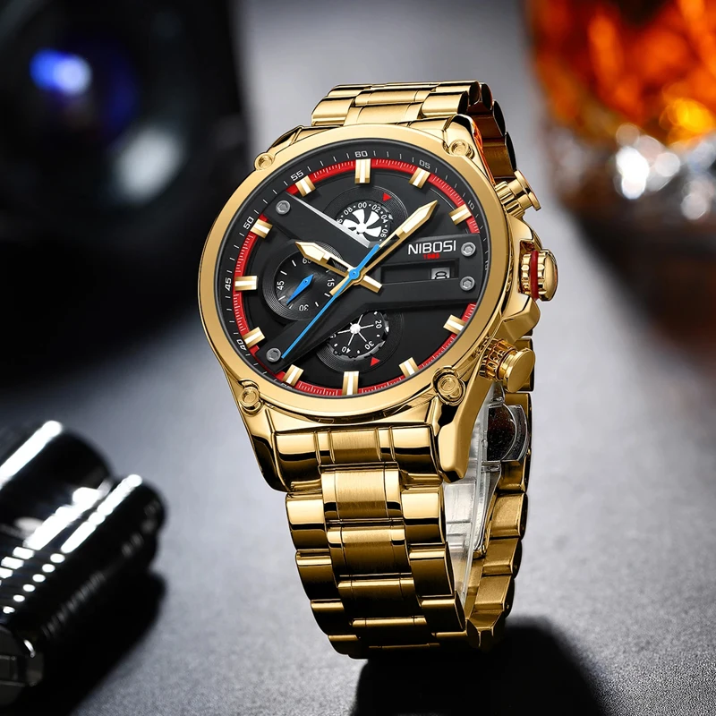 NIBOSI Watches Mens Top Brand Luxury Clock Gold Stainless Steel Men Watch Sport Waterproof Quartz Chronograph Wristwatches 2513 | Наручные