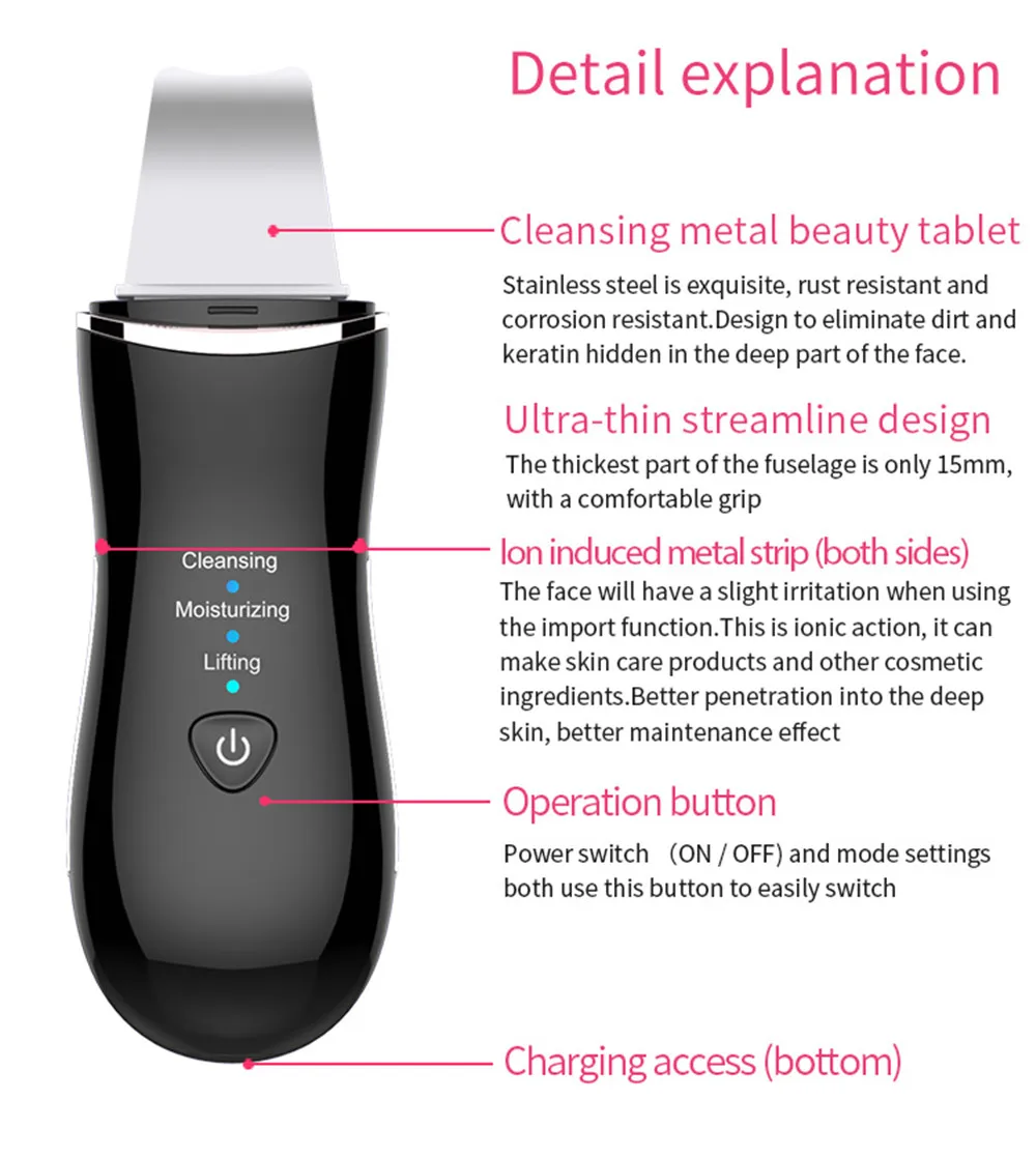 Vibration Skin Scrubber Ultrasonic Peeling Shovel Facial Pore Cleaner Exfoliating Skin Care Face Spatula Deep Cleaning Machine 
Vibration Skin Scrubber Ultrasonic Peeling Shovel Facial Pore Cleaner Exfoliating Skin Care Face Spatula Deep Cleaning Machine