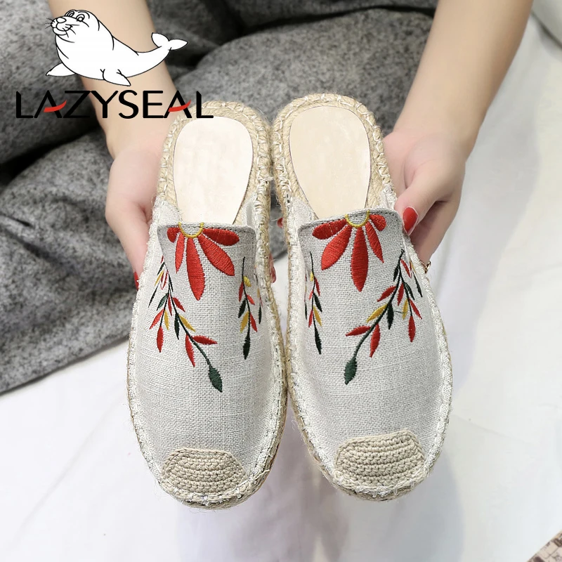Сланцы LazySeal женские с вышивкой пеньковые плоские полутапочки без застежки