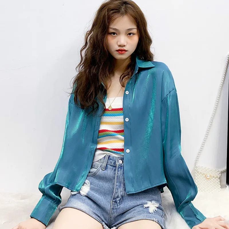 Harajuku Glossy Shirts Female High Waist Lapels Loose Thin Single-breasted Long-sleeved OL Blouses Faux Silk Tops Crop Top 2019
Harajuku Glossy Shirts Female High Waist Lapels Loose Thin Single-breasted Long-sleeved OL Blouses Faux Silk Tops Crop Top 2019