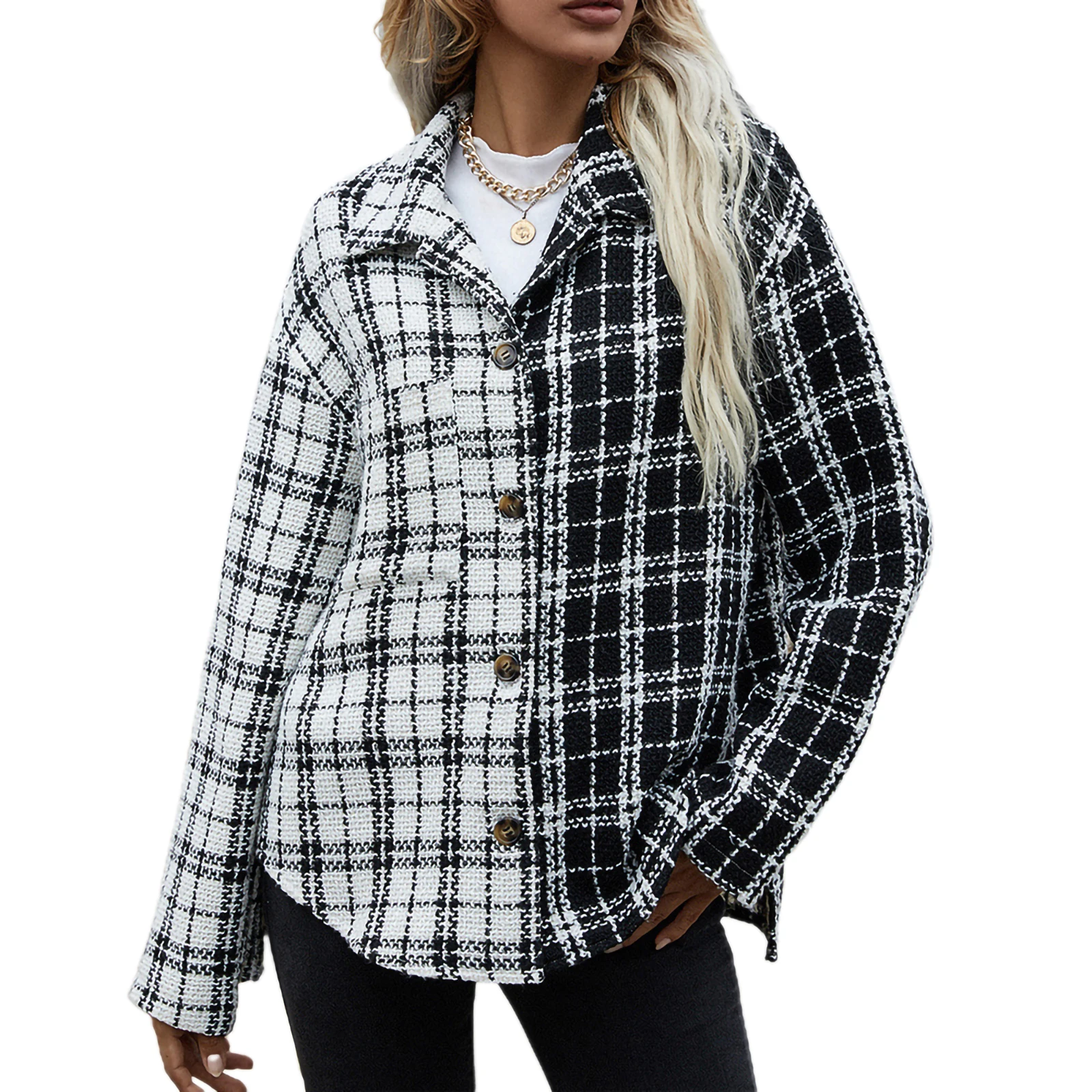 Women Plaid Printed Pattern Coat Black White Long Sleeve Button-down Collared Tops S/ M/ L/ XL
Women Plaid Printed Pattern Coat Black White Long Sleeve Button-down Collared Tops S/ M/ L/ XL