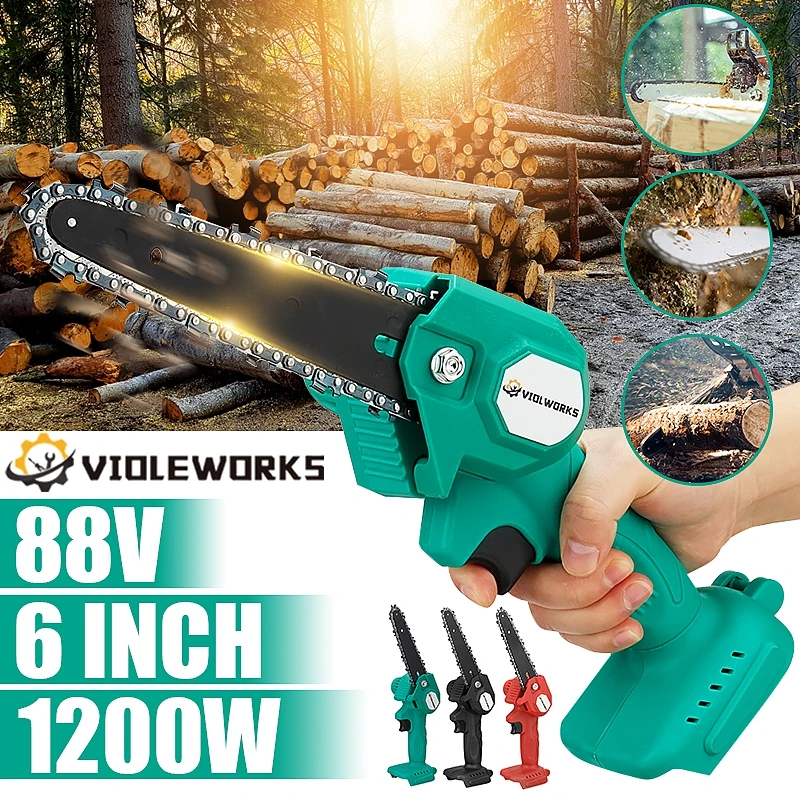 88VF 1200W 6 Inch Mini Electric Chain Saw With Rechargeable Battery Woodworking Pruning One-handed Garden Logging Power Tool
88VF 1200W 6 Inch Mini Electric Chain Saw With Rechargeable Battery Woodworking Pruning One-handed Garden Logging Power Tool