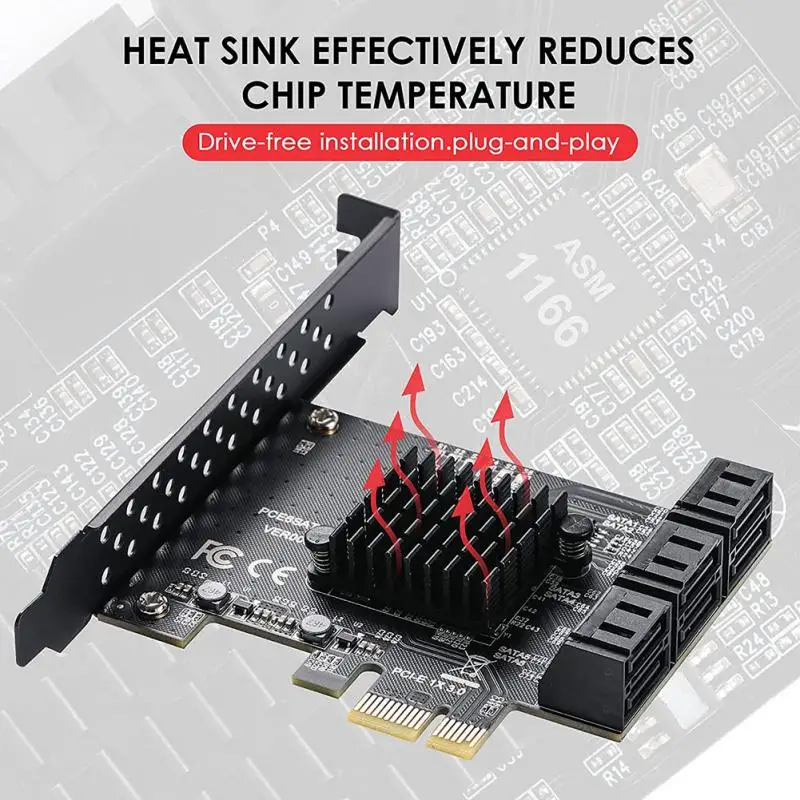 ASM1166 Chip 6 Ports SATA 3.0 To PCIE Expansion Card PCI Express SATA Adapter SATA 3 Converter With Heat Sink For HDD
ASM1166 Chip 6 Ports SATA 3.0 To PCIE Expansion Card PCI Express SATA Adapter SATA 3 Converter With Heat Sink For HDD
