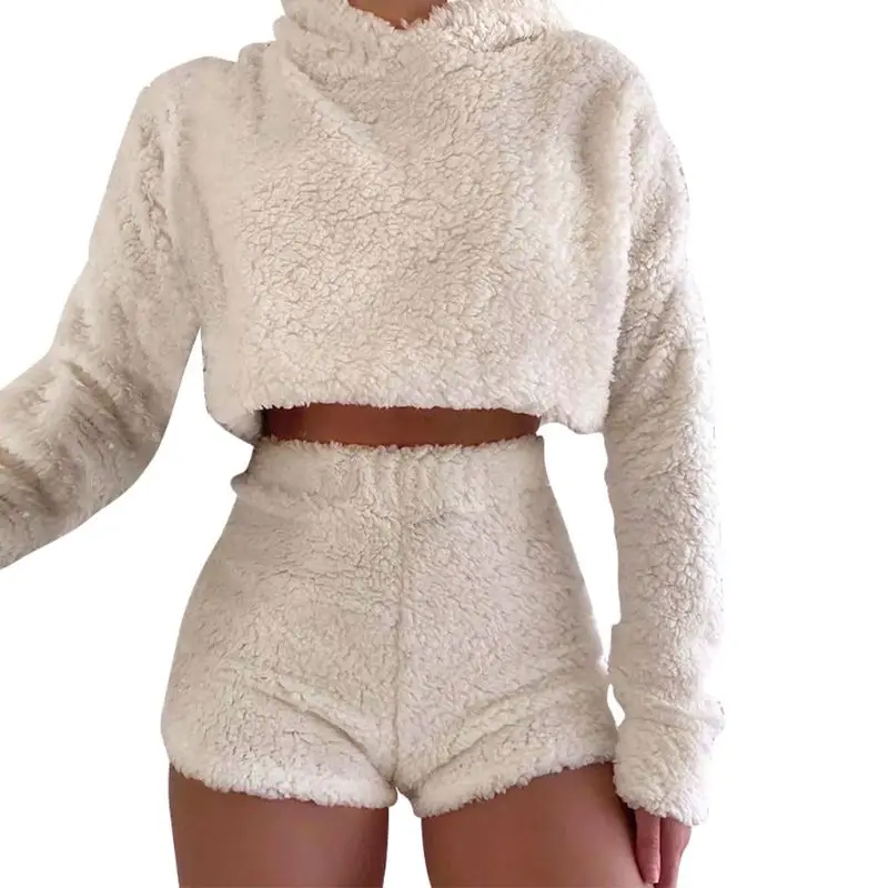 Women Autumn Winter 2 Piece Set Casual Long Sleeve Short Tops with Hat Elastic Shorts Solid Color Plush Suit Club Streetwear
Women Autumn Winter 2 Piece Set Casual Long Sleeve Short Tops with Hat Elastic Shorts Solid Color Plush Suit Club Streetwear