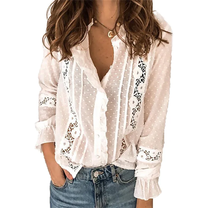 Блузка женская кружевная с оборками элегантная белая ажурная рубашка цветочным