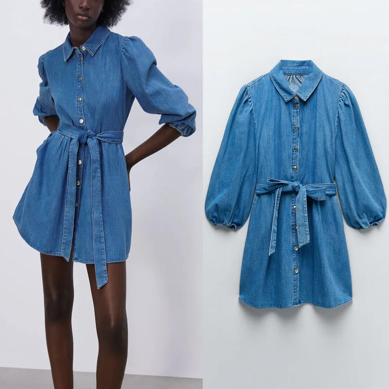 Za 2021 Denim Shirt Mini Dresses Women Summer Fashion Lapel Long Puff Sleeve Dress Vintage Front Metal Button Belt Woman Dress
Za 2021 Denim Shirt Mini Dresses Women Summer Fashion Lapel Long Puff Sleeve Dress Vintage Front Metal Button Belt Woman Dress