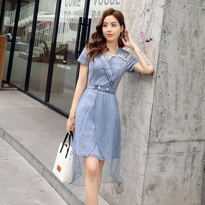 2021 new summer women's denim gauze stitching a-line skirt suit slim slim dress two-piece set
2021 new summer women's denim gauze stitching a-line skirt suit slim slim dress two-piece set