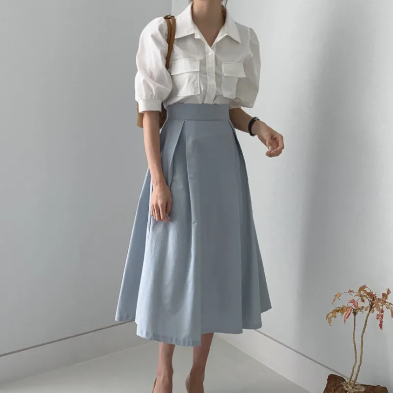 Casual Office Womens Summer Two Piece Sets White Half Sleeve Turn Down Collar Blouse Shirt + Blue Hight Waist Draped Skirt Suit
Casual Office Womens Summer Two Piece Sets White Half Sleeve Turn Down Collar Blouse Shirt + Blue Hight Waist Draped Skirt Suit