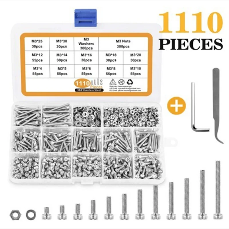 1110pcs M3 Stainless Steel Hex Socket Head Cap Allen Screw Bolt Set Socket Head Cap Screws and Nuts Flat Washer Assortment Kit
1110pcs M3 Stainless Steel Hex Socket Head Cap Allen Screw Bolt Set Socket Head Cap Screws and Nuts Flat Washer Assortment Kit