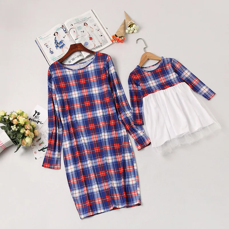 Платье для мамы и дочки LILIGIRL Одинаковая одежда семьи цветная клетчатая юбка