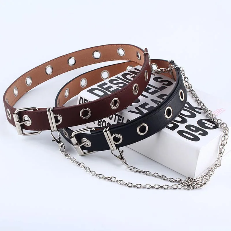 

Q Women Punk Chain Fashion Belt Adjustable Double/Single Row Hole Eyelet Waistband with Eyelet Chain Decorative Belts 2020 New