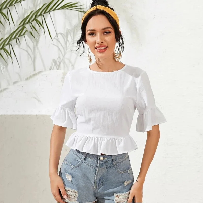 Summer Elegant Butterfly Sleeve Pullovers Blouse Women Casual Ruffles White O-neck Backless Shirt Tops
Summer Elegant Butterfly Sleeve Pullovers Blouse Women Casual Ruffles White O-neck Backless Shirt Tops