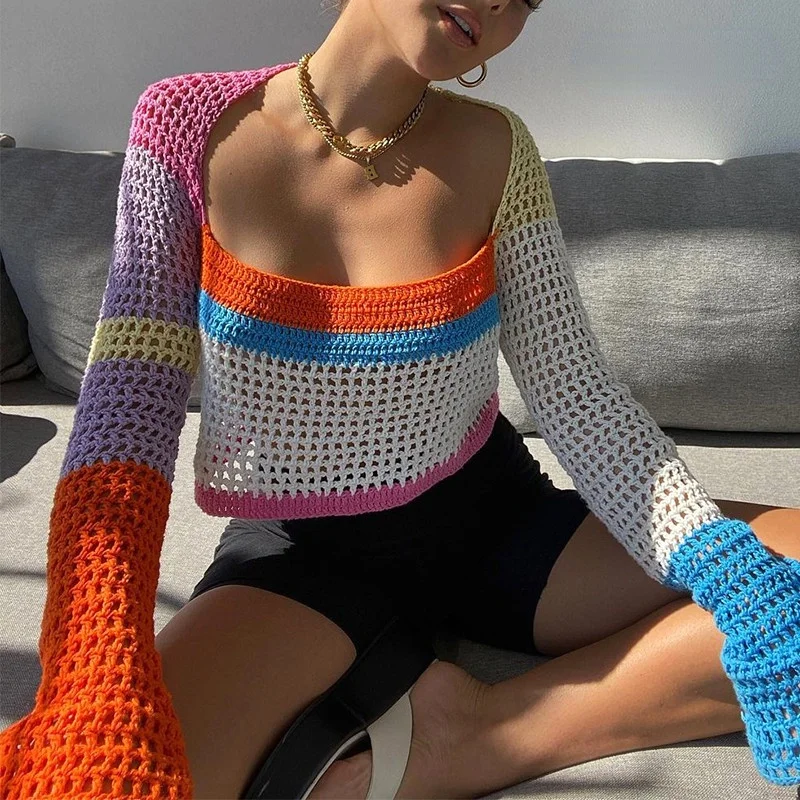 Knitted Long Sleeve Crop Hollow Sexy Top Women Beach Autumn Summer Patchwork Vintage Casual T Shirts Sexy Fashion Y2k Aesthetic
Knitted Long Sleeve Crop Hollow Sexy Top Women Beach Autumn Summer Patchwork Vintage Casual T Shirts Sexy Fashion Y2k Aesthetic