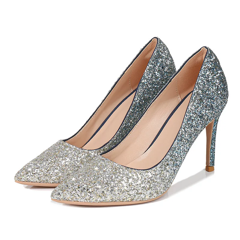 

Sexy Wedding Women Fetish Shoes women pumps Sequined Cloth Slip On 5CM 7CM 9CM Thin High Heels Pointed Toe Rhinestones Shallow