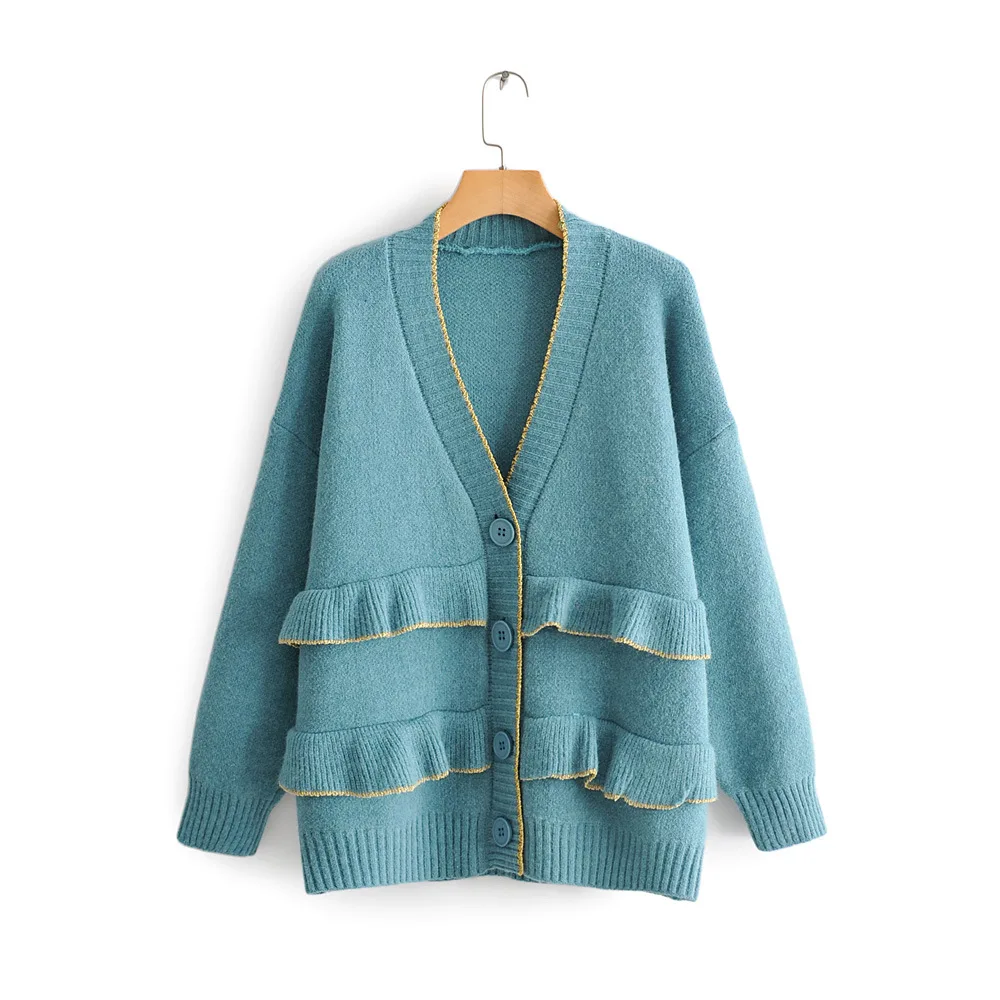 Hsa European Fashion 2020 Women Long Sleeve Ruffles Cardigans Knitted Sweater Ponchoes V neck Oversized Blue Pink Knit Jacket |