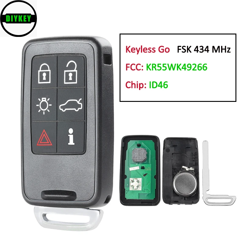 

DIYKEY Keyless Go Smart Remote Key Fob 6 Button 434MHz ID46 for VOLVO S60 S80 V40 V60 V70 XC60 XC70 2007-2018 FCC: KR55WK49266