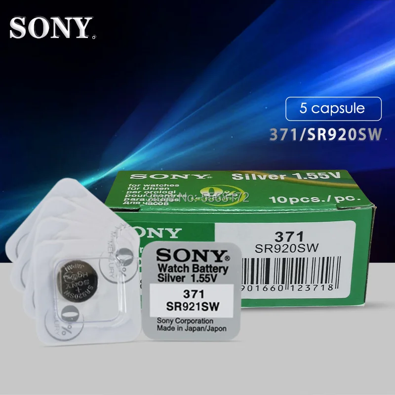 5 шт. для Sony оригинальная однозернистая упаковка AG6 371 SR920SW 920 1,55 V батарейка для часов SR920SW 371 кнопочная монетная ячейка Сделано в Японии
5 шт. для Sony оригинальная однозернистая упаковка AG6 371 SR920SW 920 1,55 V батарейка для часов SR920SW 371 кнопочная монетная ячейка Сделано в Японии