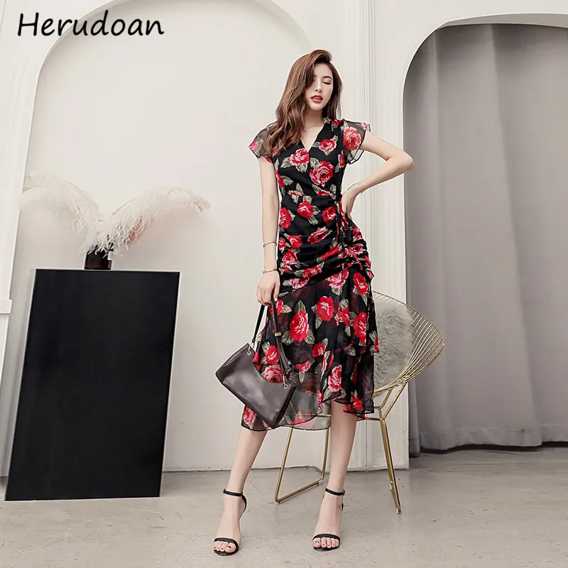 Herudoan mermaid party dress vestido Summer Fashion Designer Women V-Neck Draped Floral Print Slim Ladies Chiffon Midi Dress
Herudoan mermaid party dress vestido Summer Fashion Designer Women V-Neck Draped Floral Print Slim Ladies Chiffon Midi Dress