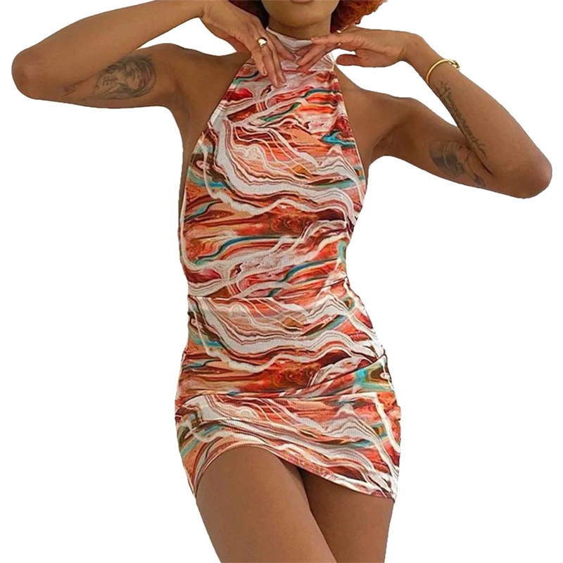 

Женское летнее платье-футляр с разноцветным абстрактным принтом, с лямкой на шее, без рукавов, с открытой спиной, облегающее платье