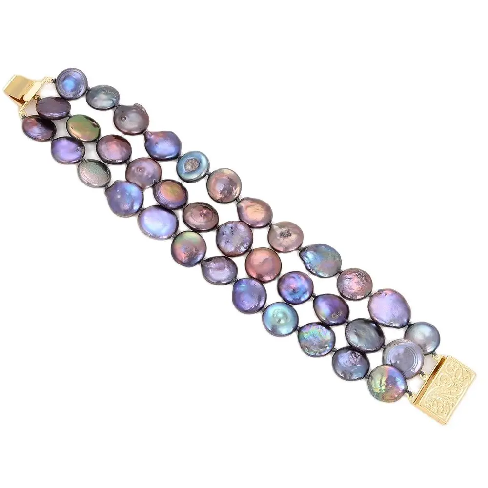 3strands 13mm Natural Black Coin Pearl Bracelet For Women | Украшения и аксессуары