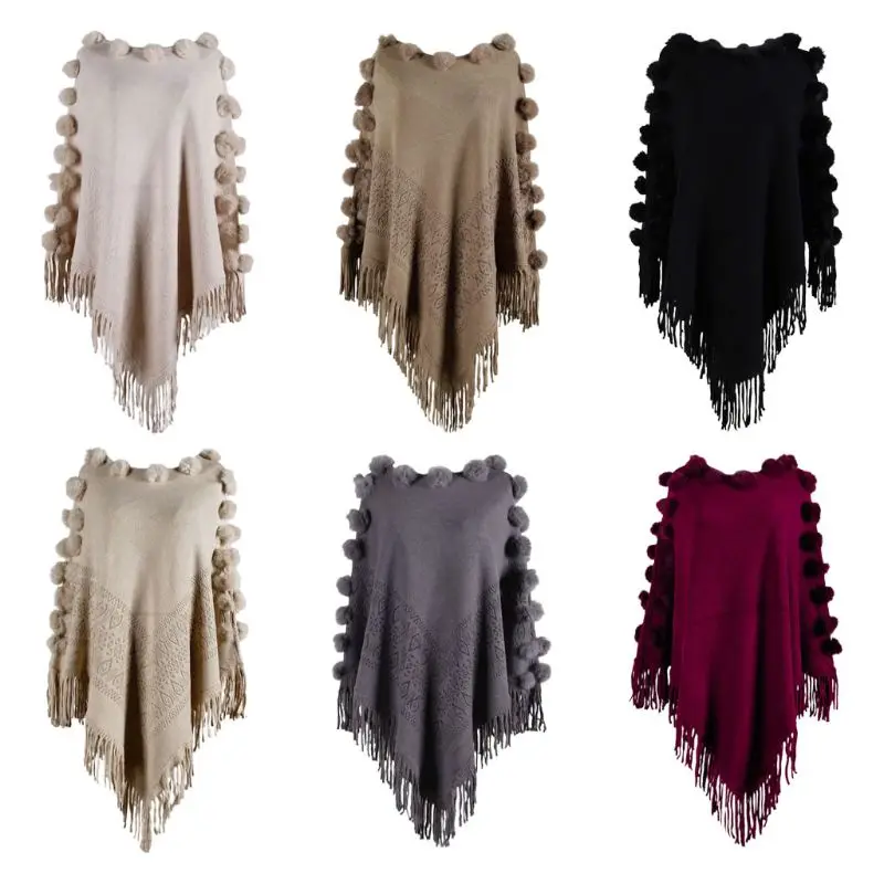 

Women Winter Knit Pullover Sweater Top Cute Fluffy Pompom Fringe Tassels Hem Shawl Wrap Irregular Poncho Cape Cloak