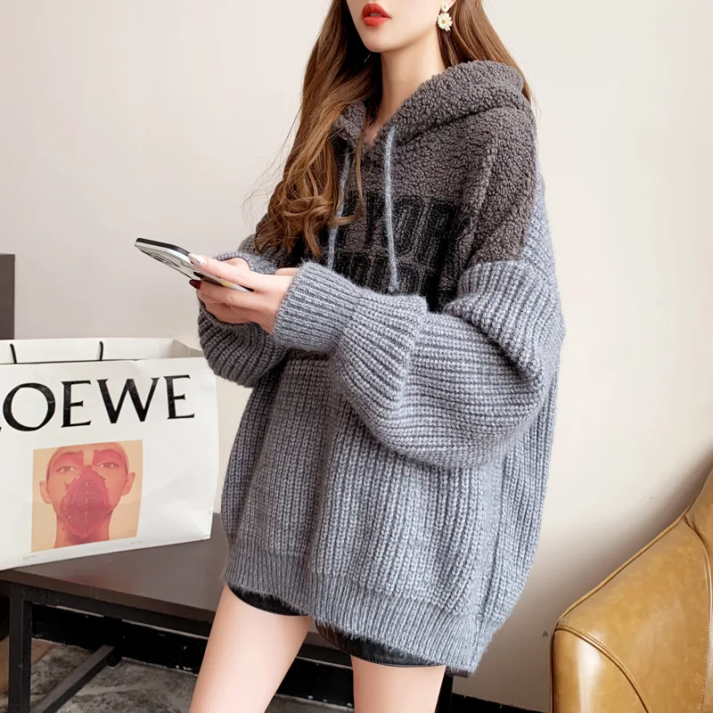 Pullovers Women Spring Autumn 2021 Knitted Hooded Imitation Lamb Wool Splicing Sweaters Korean Pullovers Knitted Loose Outwear
Pullovers Women Spring Autumn 2021 Knitted Hooded Imitation Lamb Wool Splicing Sweaters Korean Pullovers Knitted Loose Outwear