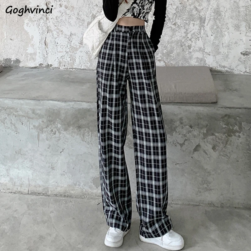 

Wide Leg Pants Women Plaid Design Simple Fashion Ins Schoolgirl All-match Spring New High Waisted Korean Style Chic Pantalones