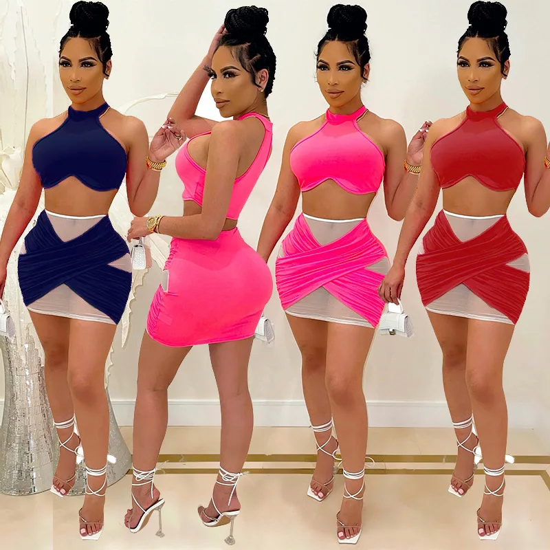 Summer Sleeveless Crop Tops Ruched Mini Skirts Matching Sets Green Bodycon Sexy Club Party Mesh 2 Piece Set Womens Outfits 
Summer Sleeveless Crop Tops Ruched Mini Skirts Matching Sets Green Bodycon Sexy Club Party Mesh 2 Piece Set Womens Outfits