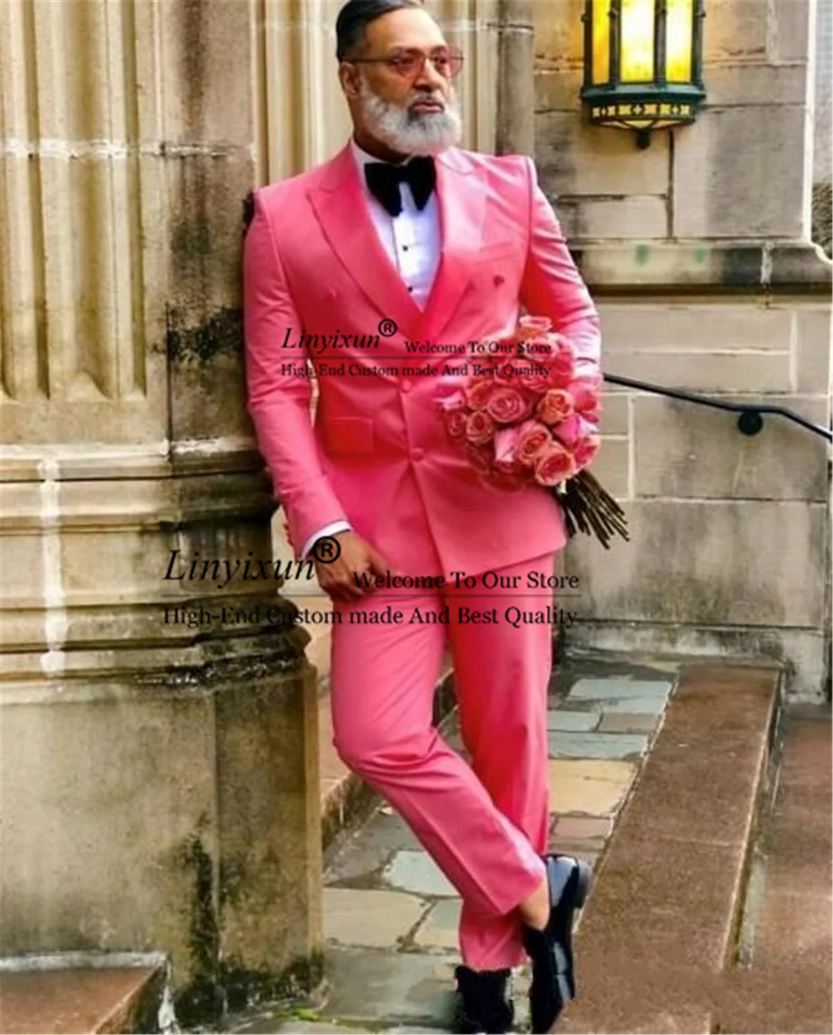 

Классический стиль, двубортные ярко-розовые смокинги для жениха с пиковым лацканом, мужские блейзеры, костюмы (пиджак + брюки) Terno Mmasculino