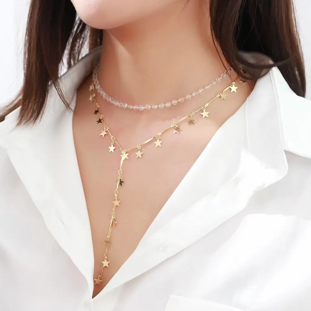 Delicate Crystal Beaded Double Layered Necklaces for Women Girls with Real Gold-plated Long Star Tassel Chain Collar Jewelry 
Delicate Crystal Beaded Double Layered Necklaces for Women Girls with Real Gold-plated Long Star Tassel Chain Collar Jewelry