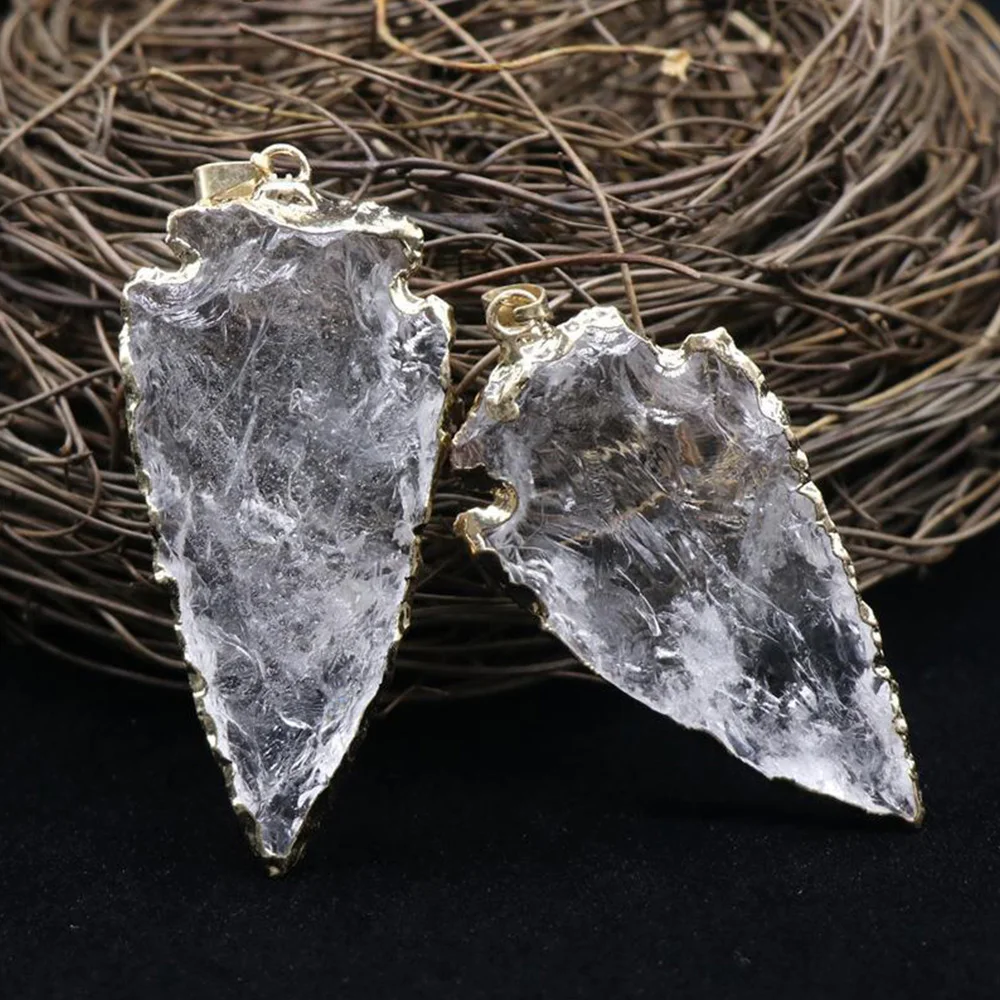 Gold Edge Arrow Shape Natural White Crystal Agate Stone Pendant Arrowhead Reiki Healing Gemstone with Exquisite String
Gold Edge Arrow Shape Natural White Crystal Agate Stone Pendant Arrowhead Reiki Healing Gemstone with Exquisite String