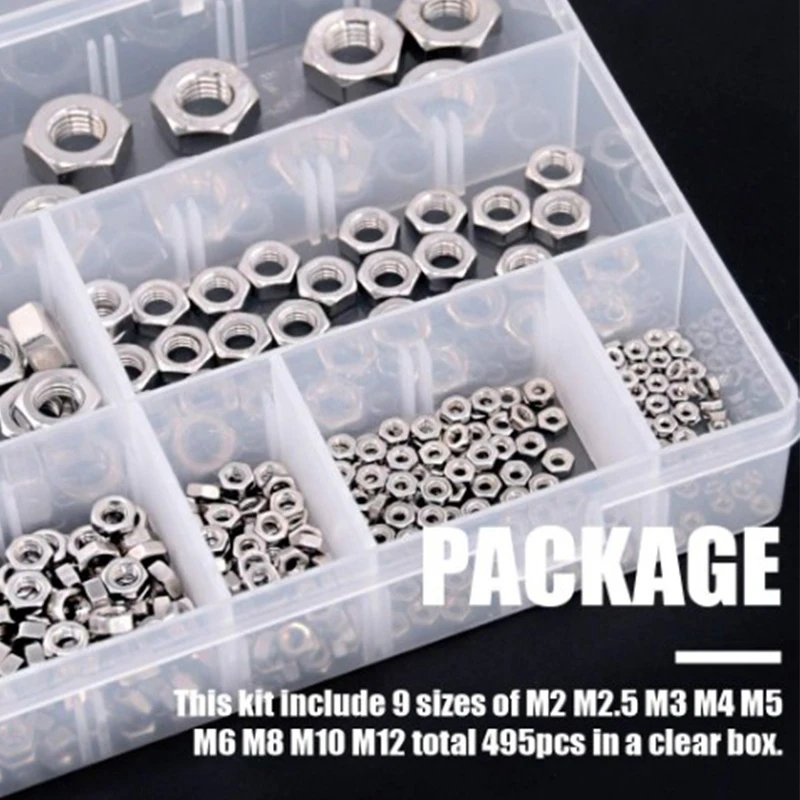 495Pcs Metric 304 Stainless Steel 9 Sizes Hex Nuts Assorment Kit, Coarse Thread Hexagon Nut
495Pcs Metric 304 Stainless Steel 9 Sizes Hex Nuts Assorment Kit, Coarse Thread Hexagon Nut