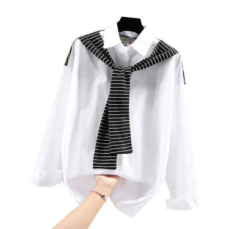 Korean Fashion Blouse Women Patckwork Fake Two-Piece Shirt Tops 2021 Summer Female Elegant Striped bow tie White Chiffon Shirts
Korean Fashion Blouse Women Patckwork Fake Two-Piece Shirt Tops 2021 Summer Female Elegant Striped bow tie White Chiffon Shirts