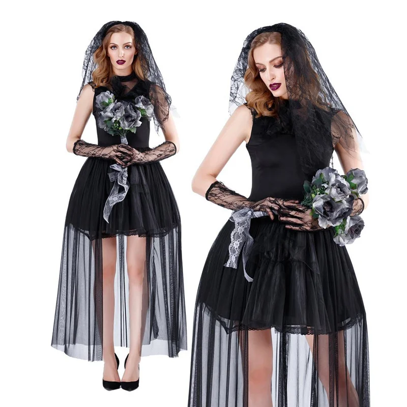 

Gothic Dead Zombie Vampire Corpse Ghost Bride Black Lace Dress Women Halloween Cosplay Costume Nightmare Scary Fancy Outfit