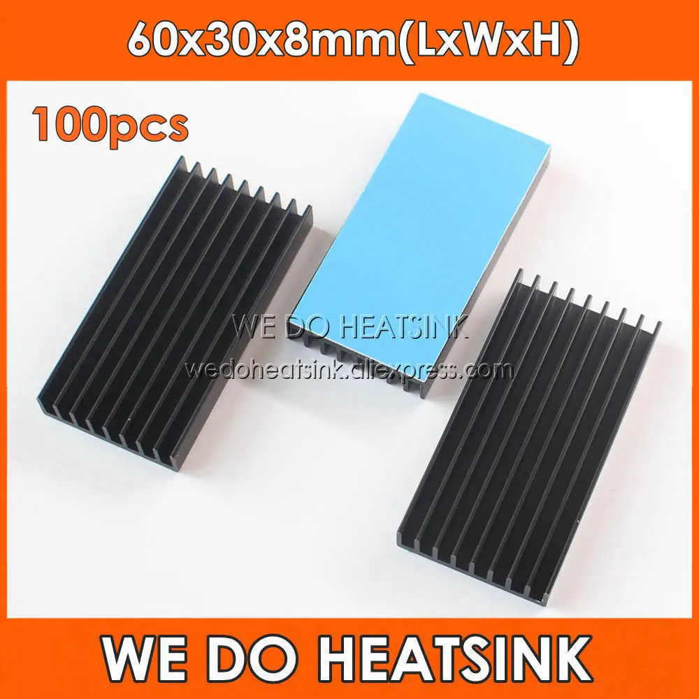 

WE DO HEATSINK 100pcs 60x30x8mm Black Anodized Aluminum LED Miner Heatsink With Thermal Adhesive Transfer Tape Applied