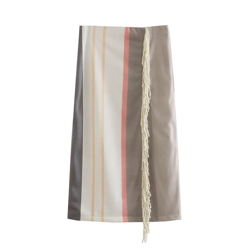 

Women Striped Skirt High Waist Long Skirt Woman Summer Fashion Fring Midi Skirt With Side Slit Skirts Womens 2021