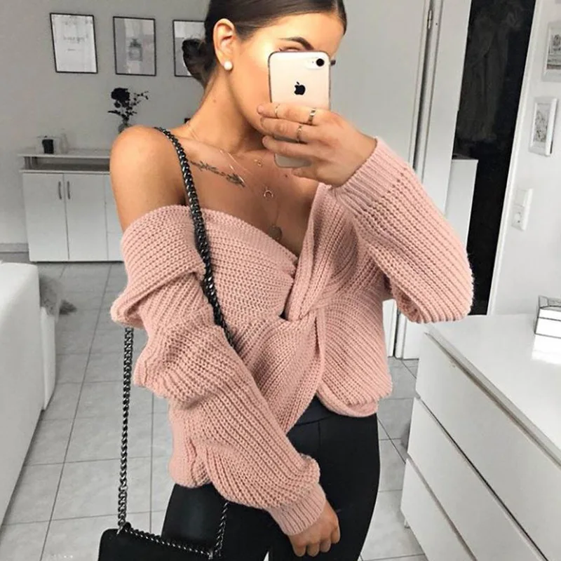 sweater women Criss-Cross streetwear Sexy & Club off shoulder V-Neck Solid pullover Spring autumn 2021 womens sweaters 
sweater women Criss-Cross streetwear Sexy & Club off shoulder V-Neck Solid pullover Spring autumn 2021 womens sweaters