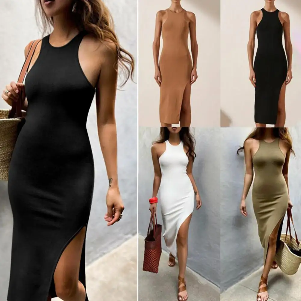 Women Sexy Dress Sleeveless O Neck Off Shoulder Dresses Solid Color High Slit Hem Bodycon Party Midi Dress 2021
Women Sexy Dress Sleeveless O Neck Off Shoulder Dresses Solid Color High Slit Hem Bodycon Party Midi Dress 2021