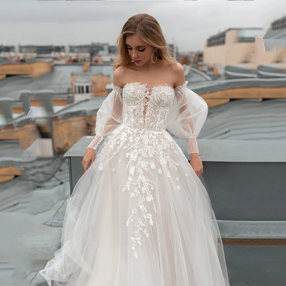 Lush Wedding Dress Detachable Puffy Tulle Sleeve Straight Neckling Bridal Gowns A-Line Elegant Sweep Train Vestidos De Novia
Lush Wedding Dress Detachable Puffy Tulle Sleeve Straight Neckling Bridal Gowns A-Line Elegant Sweep Train Vestidos De Novia
