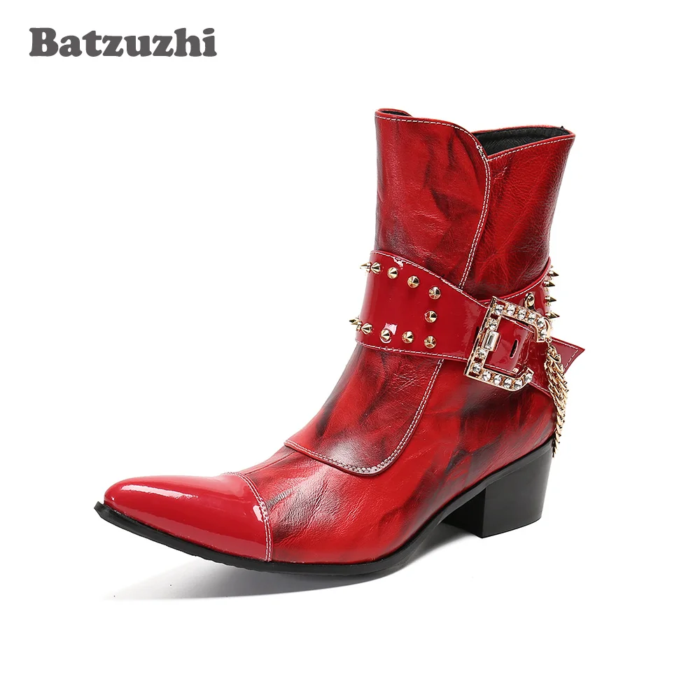 

Batzuzhi Western Cowboy Boots Punk Genuine Leather Ankle Boots for Men's Party and Wedding Red Punk Botas Hombre,Big Sizes US12