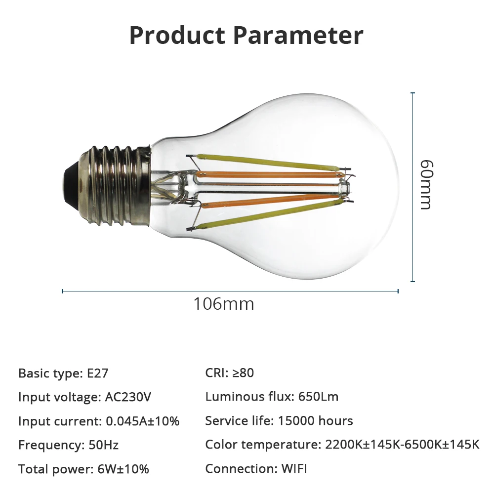 Benexmart Tuya WiFi A60 E27 CCT Led Filament Bulb Smart Tungsten Lamp 220v-240v Incandescent Bulb Retro Lamp Alexa Google Home
Benexmart Tuya WiFi A60 E27 CCT Led Filament Bulb Smart Tungsten Lamp 220v-240v Incandescent Bulb Retro Lamp Alexa Google Home