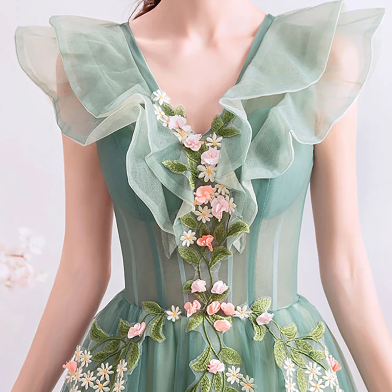 Green Elegant Party Dress Lace Embroidery Ruched Illusion V-Neck Appliques Tulle Flowers Ruffles Women Formal Dresses TS072
Green Elegant Party Dress Lace Embroidery Ruched Illusion V-Neck Appliques Tulle Flowers Ruffles Women Formal Dresses TS072